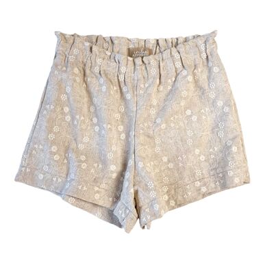 Linen ruffle shorts / embroidered floral