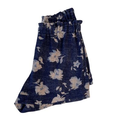 Rüschenshorts aus Leinen / Marineblau mit Blumenmuster