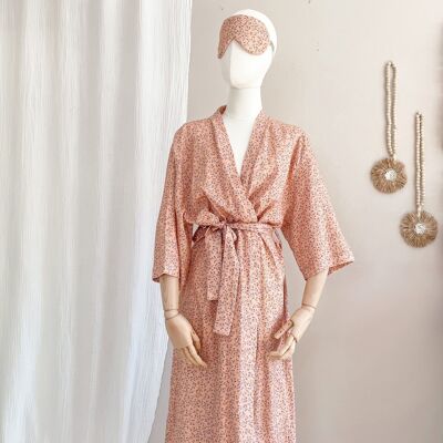 Kimono aus Leinen + Viskose / kleine Blumen – Pfirsich