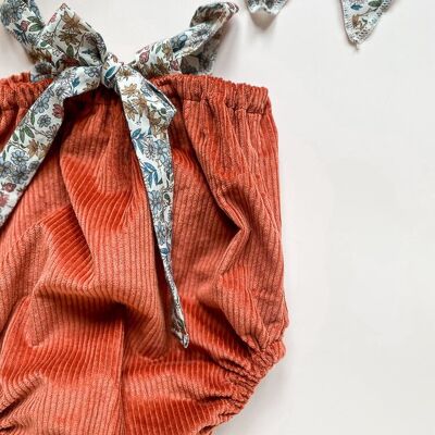 Romper / corduroy burnt orange + blue floral