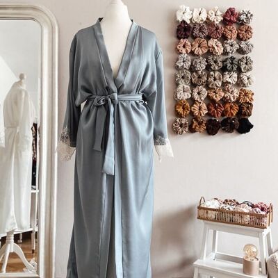 Satin + lace robe / stone blue