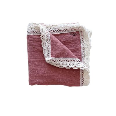 Wickeldecke aus Musselin / bestickte Rose + Spitze