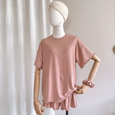 Camiseta canalé volantes / rosa suave