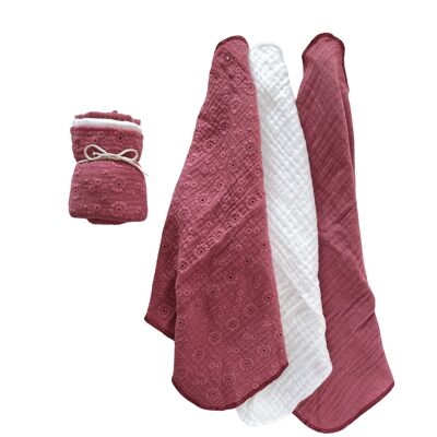 Muslin Burp cloth set / Sophie - raspberry