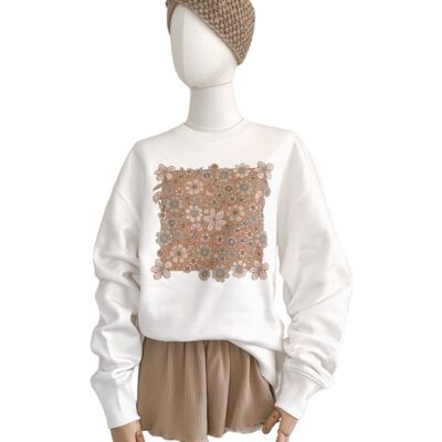 Crewneck surdimensionné / Caramel floral audacieux / blanc cassé