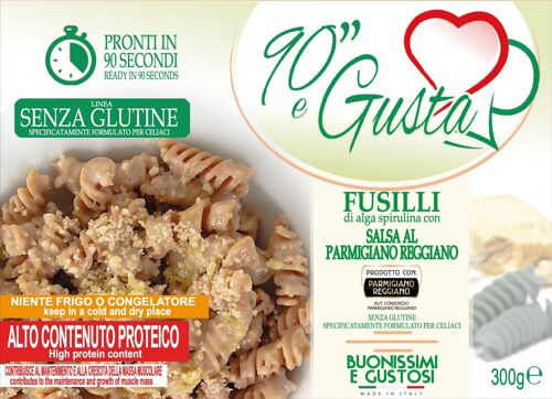 Fusilli alla Spirulina senza glutine con salsa al Parmigiano Reggiano - 35.Pasta italiana proteica da 7 g