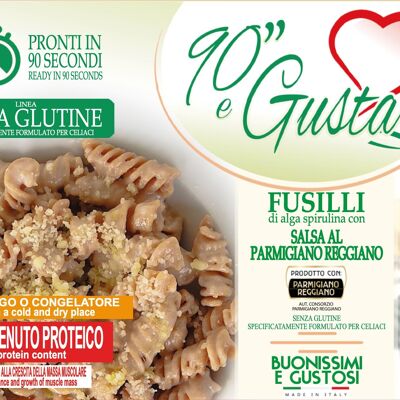 Fusilli alla Spirulina sin glutine con salsa al Parmigiano Reggiano - 35.Pasta italiana proteica da 7 g