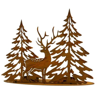 Rusty metal support with fir deer pattern 38x10x30 cm - Mounting decoration, ski vacation, mountain chalet
