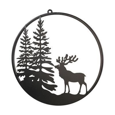 Black metal circle deer fir pattern 38 x 39.5 cm - Christmas decoration