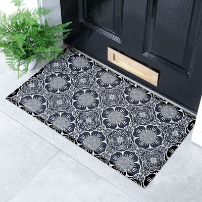 Schwarz-weiße Fußmatte mit Blumenmuster für drinnen und draußen – 70 x 40 cm