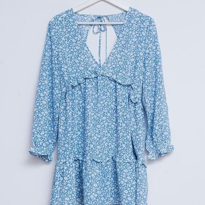 Minivestido de tarde con espalda abierta y estampado floral azul