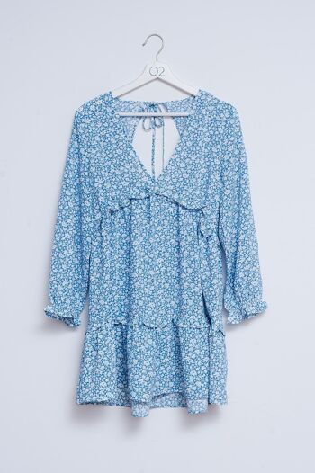 Mini robe de thé dos ouvert à fleurs bleues 1