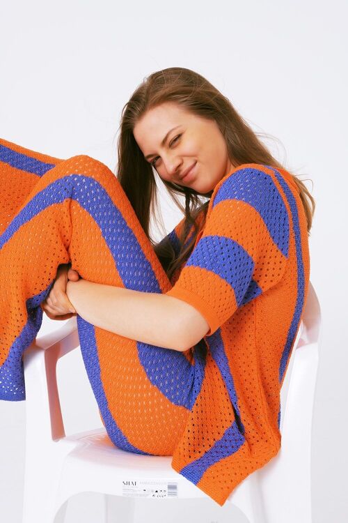 Orange Striped Crochet Knitted Cardigan