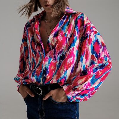 Camicia oversize con bottoni in stampa astratta rosa e blu