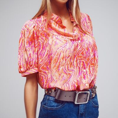 Oversized Button Down Shirt In Abstract Zebra Print In Orange And Fuchsia
