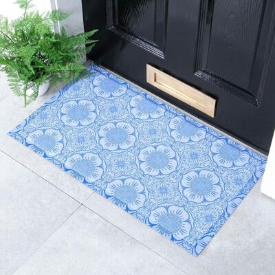 Blaue Fußmatte mit Blumenmuster für drinnen und draußen – 70 x 40 cm