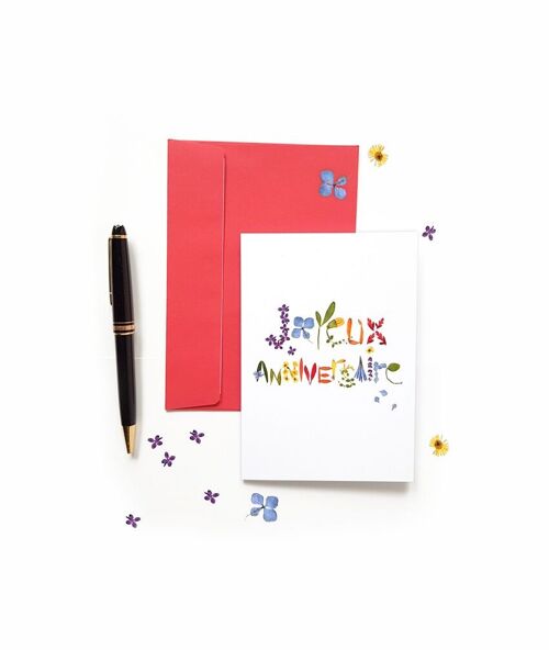 CARTE DE VOEUX DOUBLE JOYEUX ANNIVERSAIRE FLEURS SÉCHÉES HERBIER ARC EN CIEL