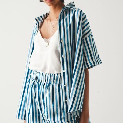 Oversized Striped Short Sleeve Shirt In Blue