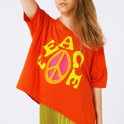 Camiseta extragrande con texto Peace en naranja