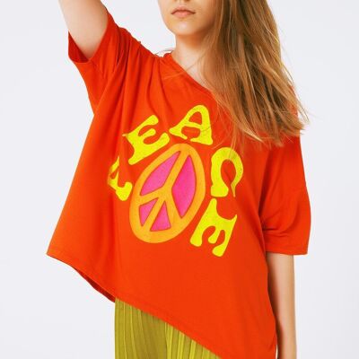 Oversized T-shirt With Peace Text in Orange