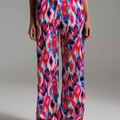 Palazzo Style Pants in Abstract Pink and Blue Print