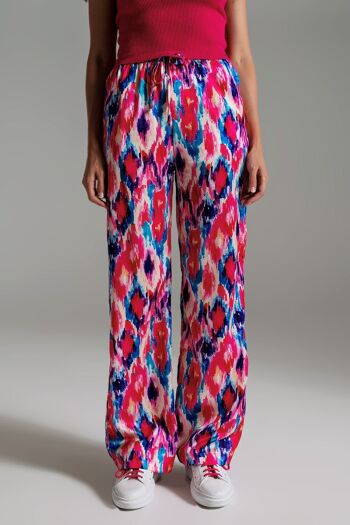 Pantalon de style palazzo à imprimé abstrait rose et bleu 1