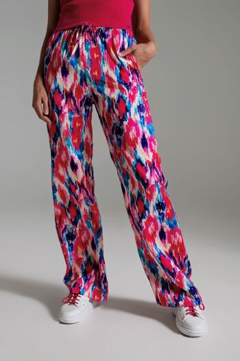 Pantalon de style palazzo à imprimé abstrait rose et bleu 4