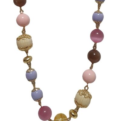 Collana incatenata con perle e mezzi cristallo multicolore
