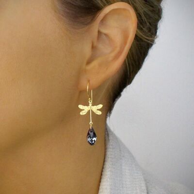 Black diamond drop and gold dragonfly earrings