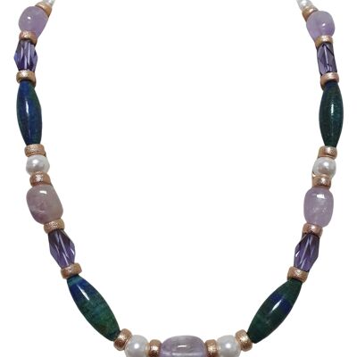 Multicolored green agate and amethyst necklace