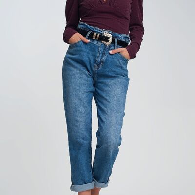 Paper bag waist mom jean in dark wash blue