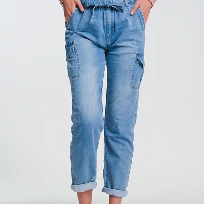 Paperbag tie waist jeans in light blue