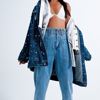Paperbag Taille Mom Jeans in Mittelblau
