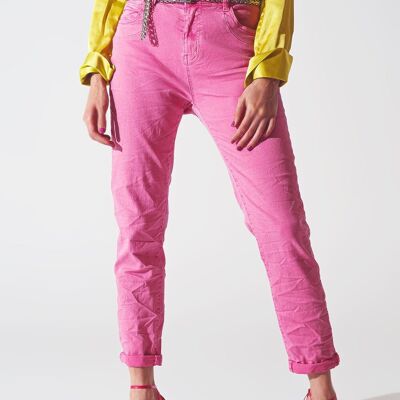 Pink Wrinkled Skinny Jeans