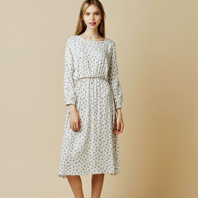 Spring Flowered Dress with an Elastic Waistband and Cuffs