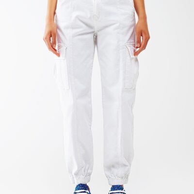white cargo pants with elasticated waist and hem
