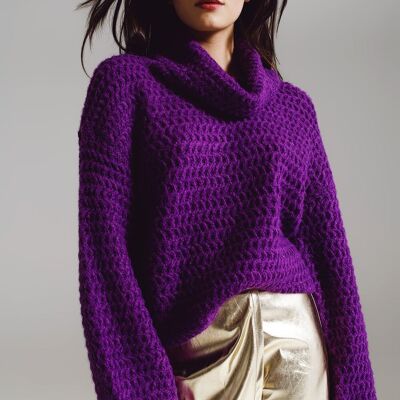 Waffle Knit Sweater With Turtle Neck in Purple