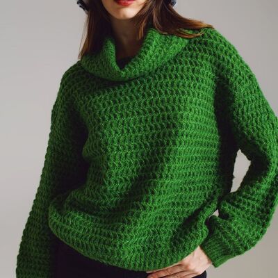 Waffle Knit Sweater With Turtle Neck in Green