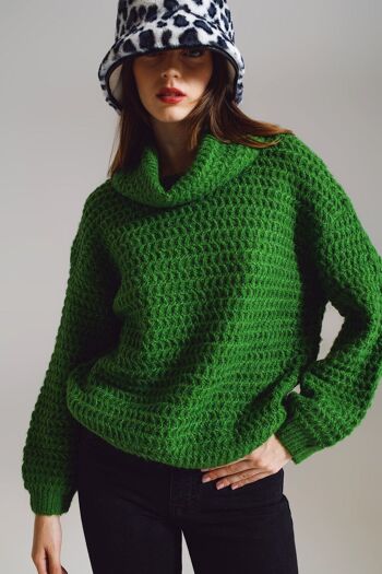 Pull en maille gaufrée à col roulé en vert 1