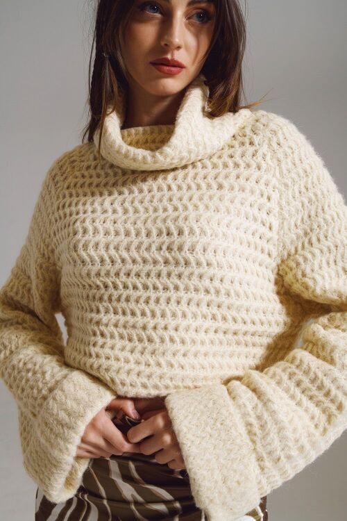 Waffle Knit Jumper With Turtle Neck and Rolled Cuffs in Cream