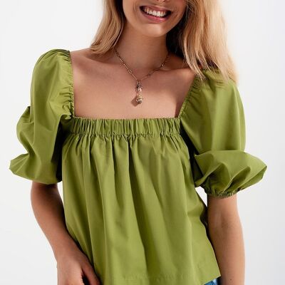 Poplin balloon sleeve top in green