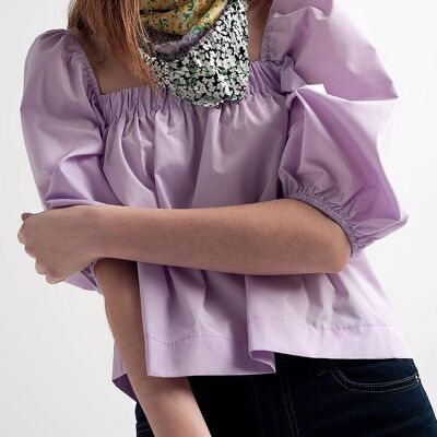 Poplin balloon sleeve top in purple