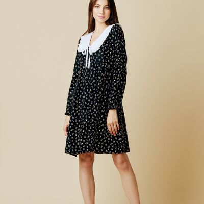 Black Flowered Dress with Detachable Collar