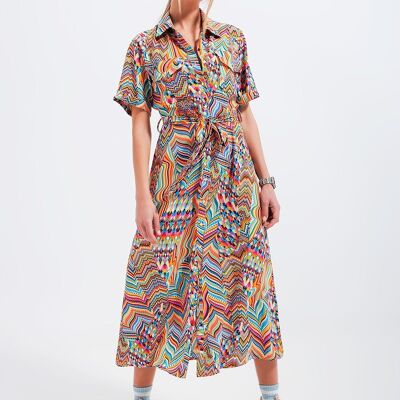 Printed tie waist shirt dress in orange