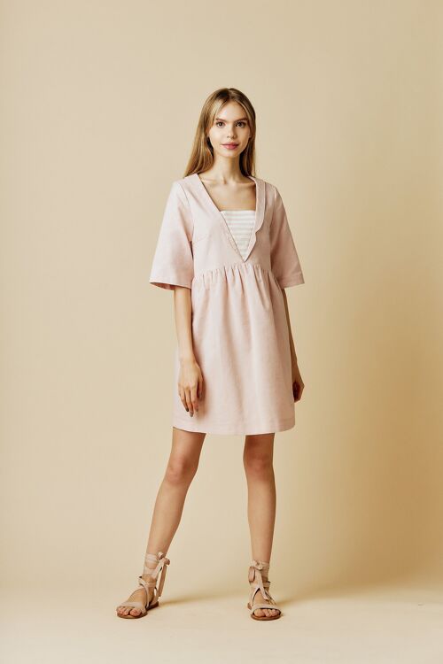 Dusty Pink Linen Blend Dress with a Decorative Collar and Striped Detail