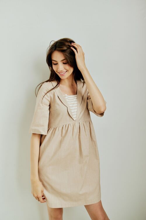 Monroe Bisque Linen Blend Dress with a Decorative Collar and Striped Detail