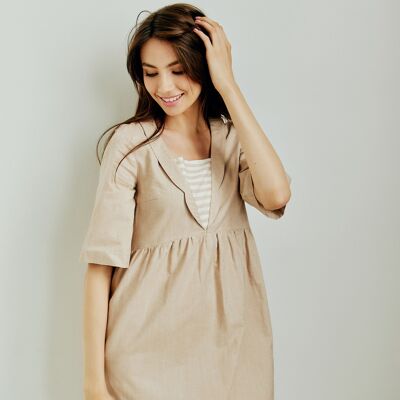 Monroe Bisque Linen Blend Dress with a Decorative Collar and Striped Detail