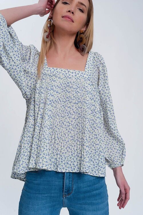 puff sleeve top with square neck in blue floral print