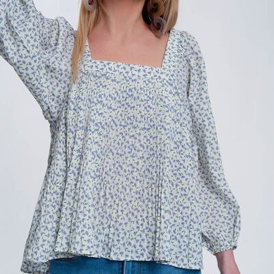 puff sleeve top with square neck in blue floral print