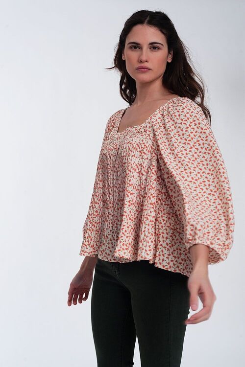 puff sleeve top with square neck in coral floral print